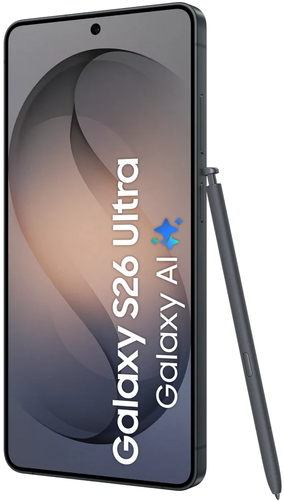 Galaxy S26 Ultra von vorn, daneben der S Pen